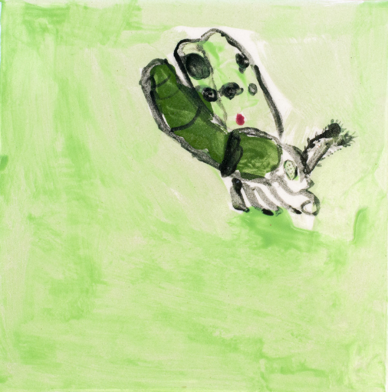 Painting of moth with green wings and white body against green background.