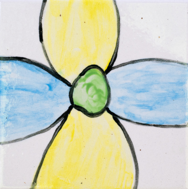 Painting of flower with yellow and blue petals and green center against white background.