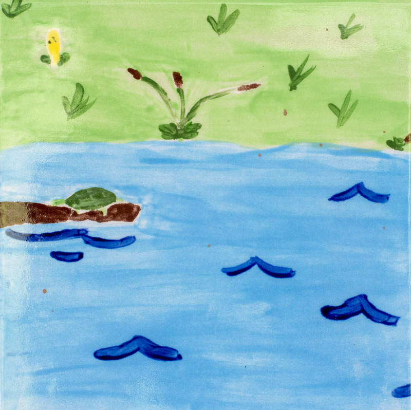 Painting of a pond scene cattails and a green turtle sitting on a brown log in the blue water.