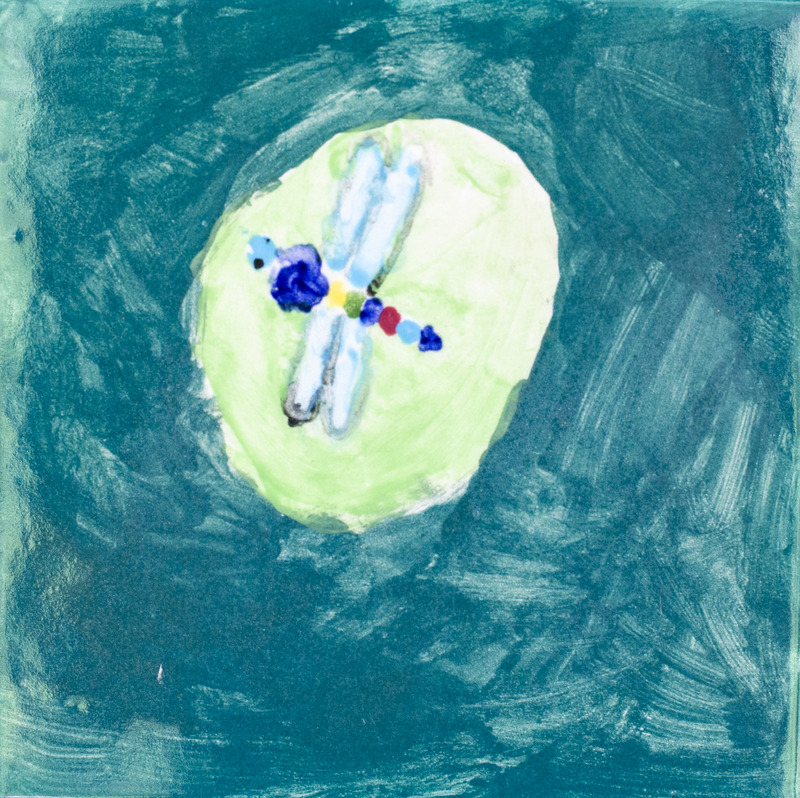 Painting of a colorful dragonfly on a green lilypad in blue water.