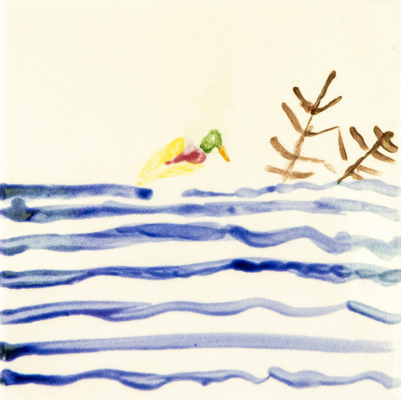 Painting of a small colorful duck swimming across blue water with simple brown plants on the shore