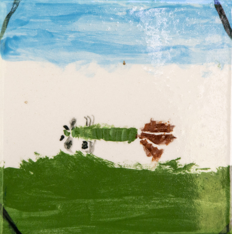Painting of a green water bug with small black legs moving through water above green plants.
