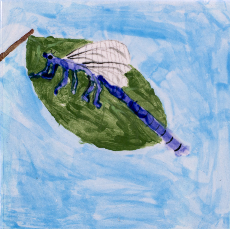 Painting of a blue damselfly with clear wings resting on a green leaf against a light blue background.