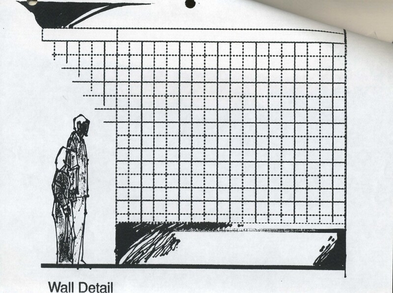 Black and white architectural drawing shows two people standing beside a large grid wall, labeled Wall Detail. The wall has a rectangular grid pattern, and shaded areas appear along the top and bottom edges.