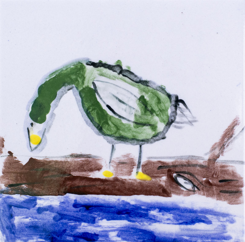 Painting of green duck standing on log looking in water.
