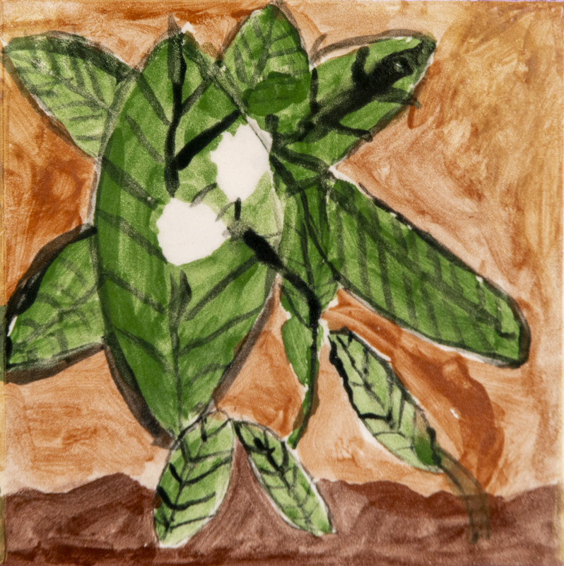 Painting of large green leaves with dark veins, set against a brown background.