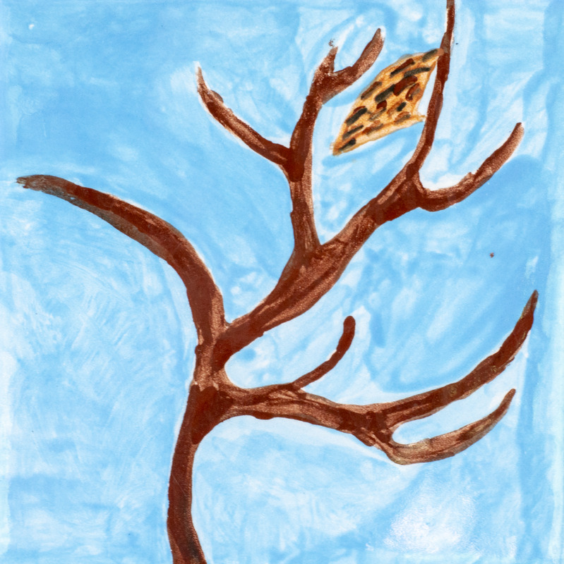 Painting of a barren tree with a brown and black nest on a branch.