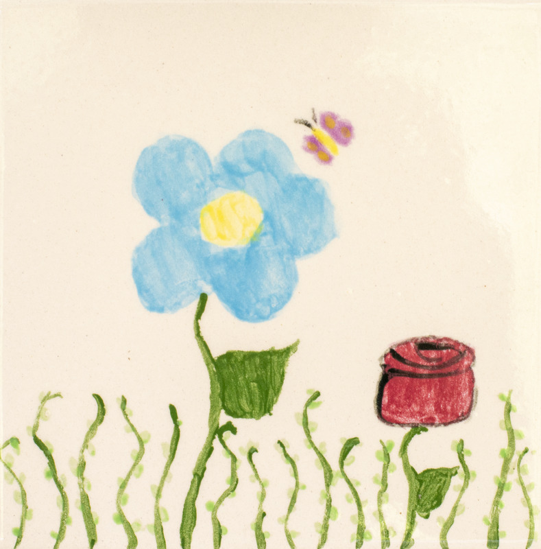 Painting of a red and blue flower with a pink and yellow butterfly flying above them.