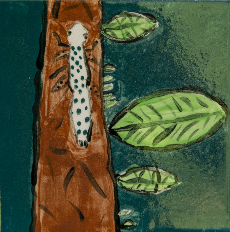 Painting of a spotted insect nymph clinging to a brown tree trunk, with bright green leaves.