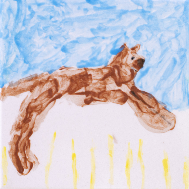 Painting of a brown fox leaping through the air above yellow grass under a blue sky.