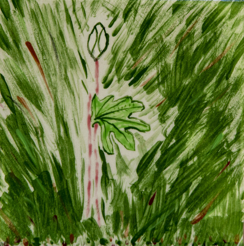 Painting of a bloodroot plant with a pale stem tinged red, a green lobed leaf, and a small bud, set in dense green grass.