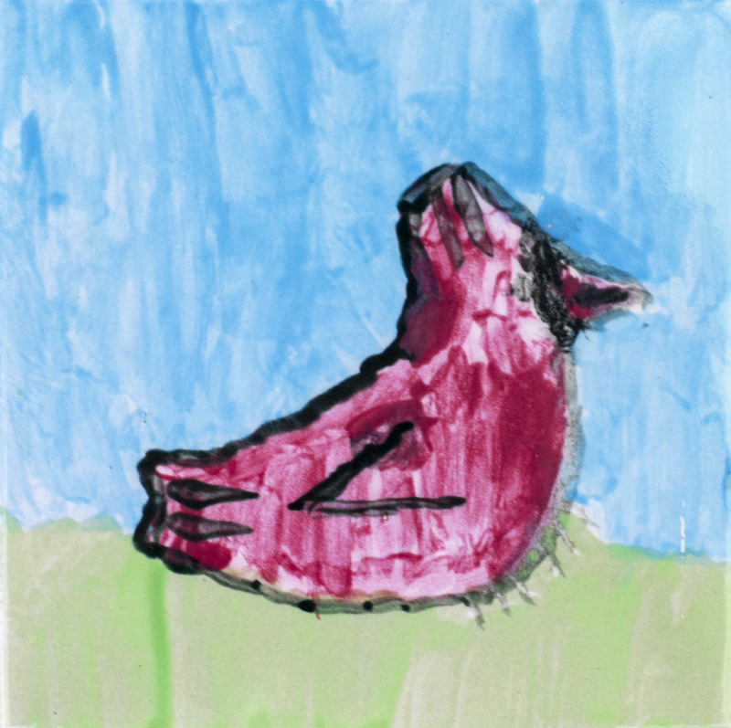 Painting of a cardinal on grass with a blue background.
