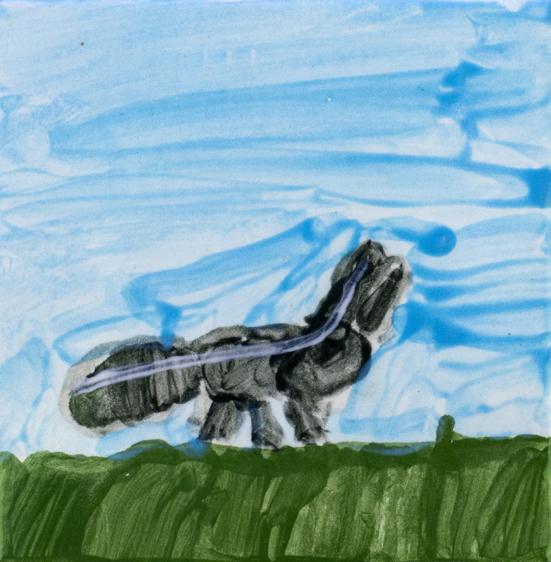 Painting of skunk in grass with blue sky.