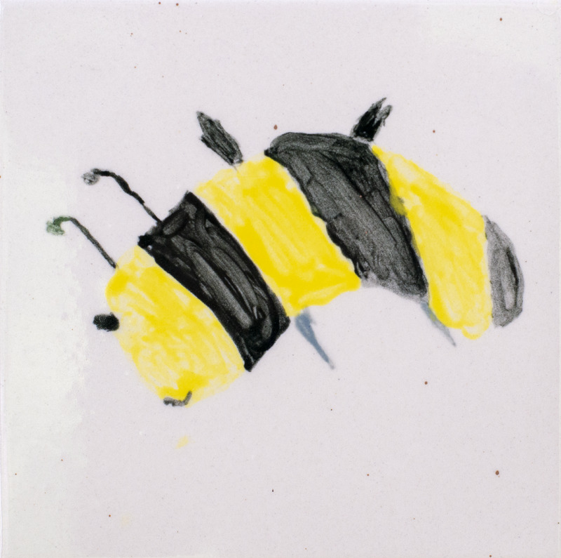 Painting of a yellow and black striped bee with small wings and antennae.