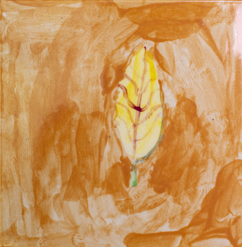 Painting of a yellow leaf in front of an orange background.