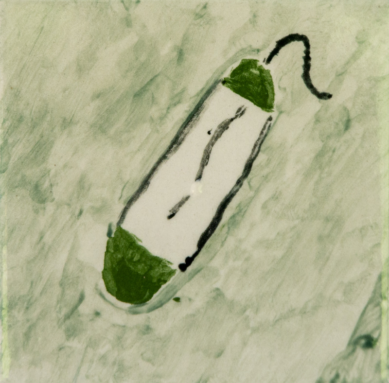 Painting of a caddisfly larva with a white segmented body, green ends, and a curved dark shape.