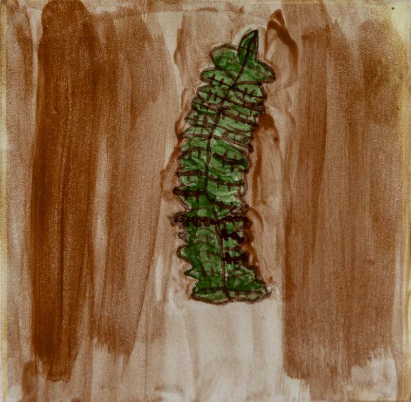 Painting of a vertical cluster of green leaves with dark veins, set against a brown background.