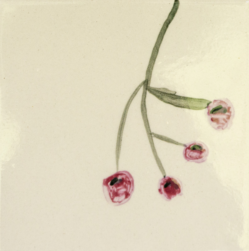 Painting of a thin green stem with four small red berries hanging.