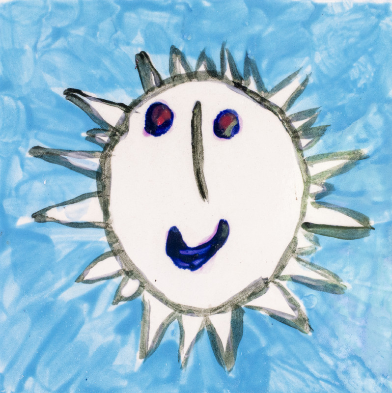 Painting of a sun smiling with a blue background.