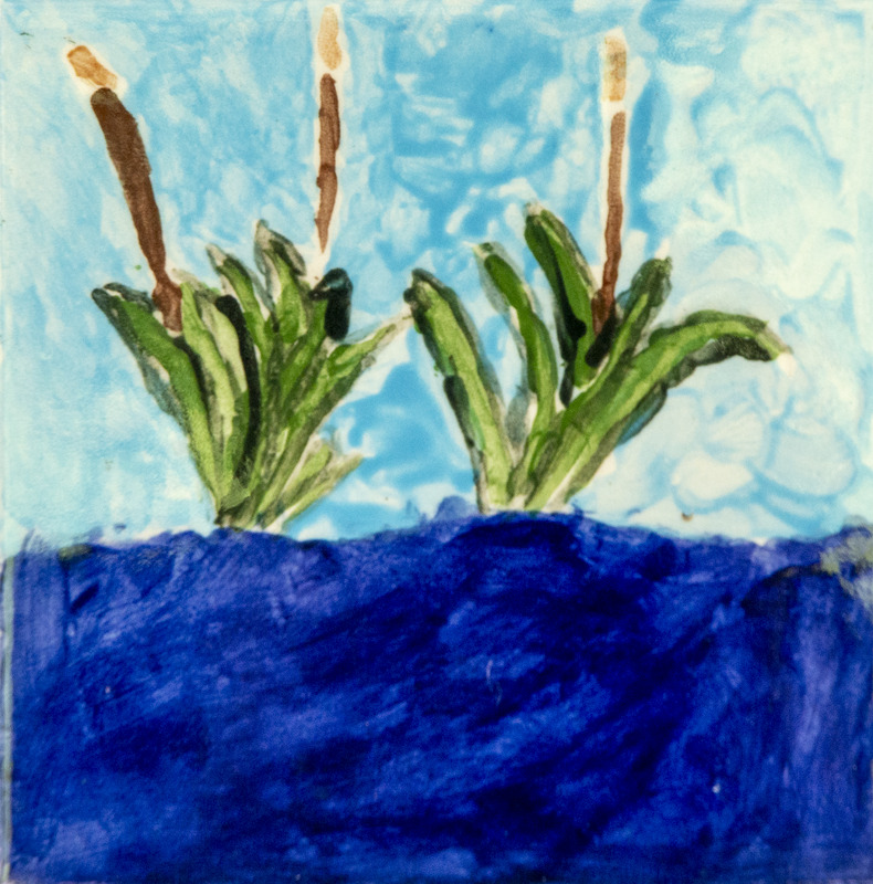 Painting of green cattails with brown tops growing by deep blue water under a light blue sky.