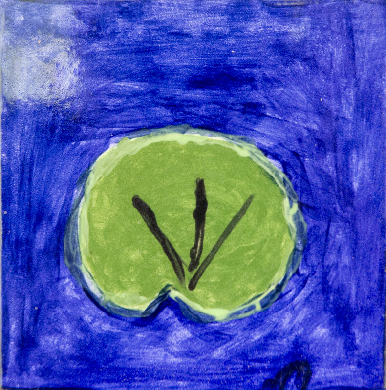 Painting of green lily pad with dark vines, floating in blue water.