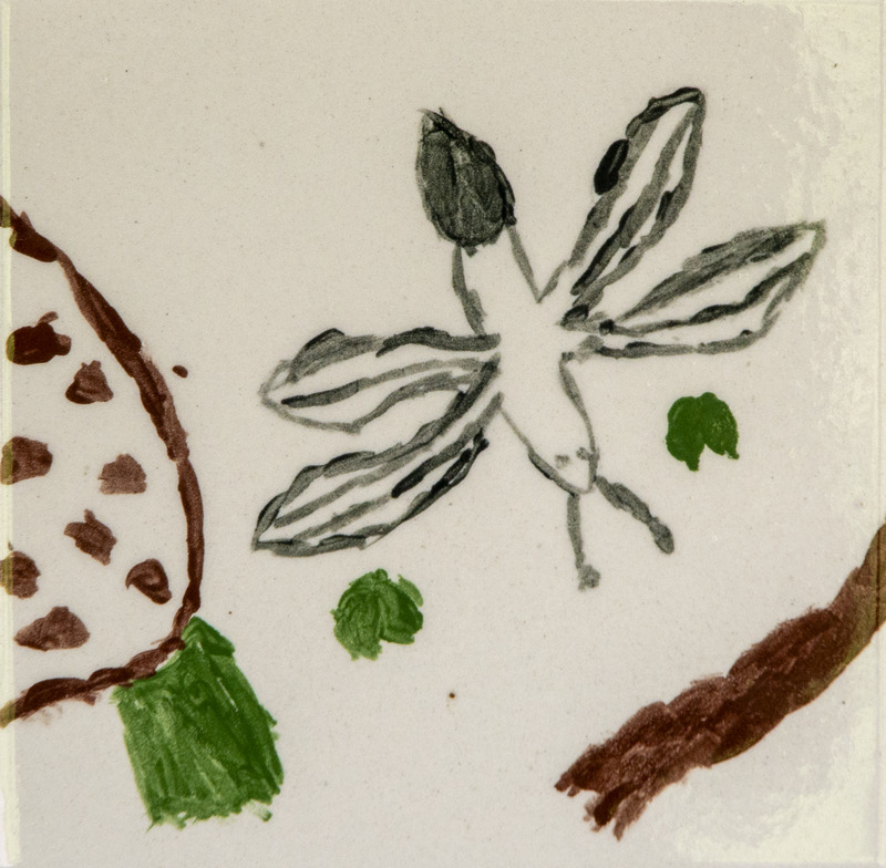 Painting of an insect with a thin body and four striped wings, sketched in gray on a light background.