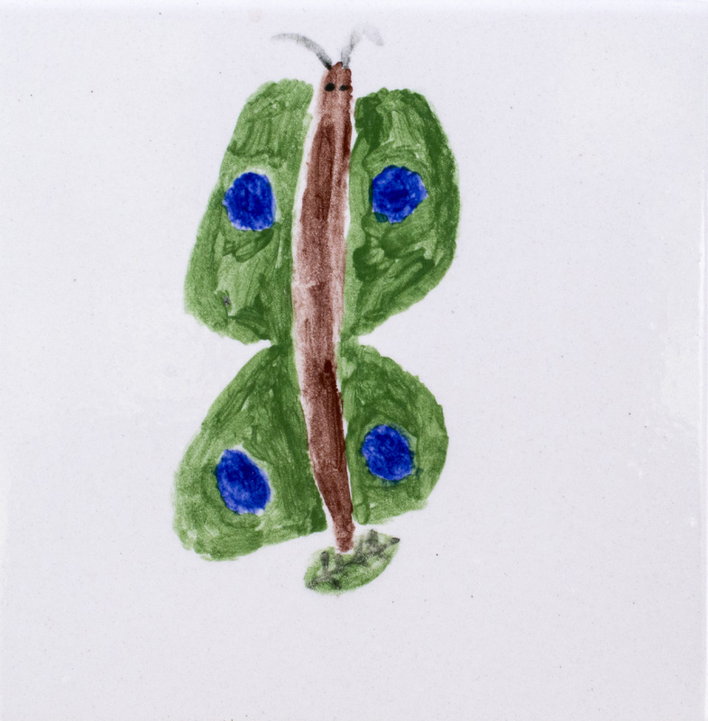 Painting of butterfly with green wings and blue spots.