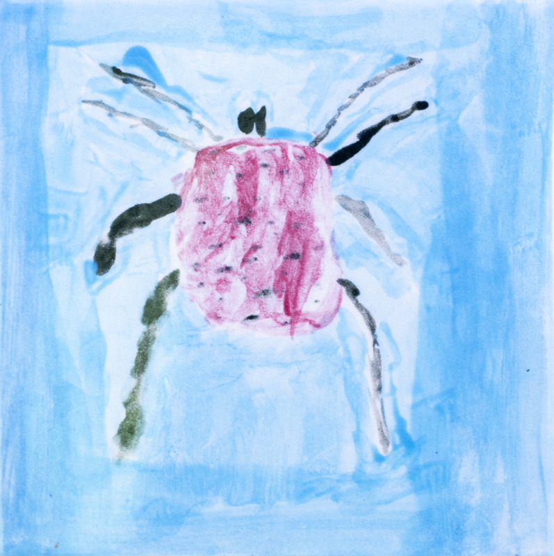 Painting of red water mite against blue background.