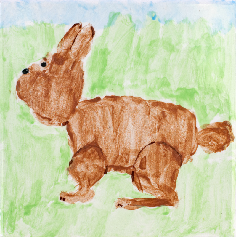 Painting of brown rabbit standing in green grass with blue sky.
