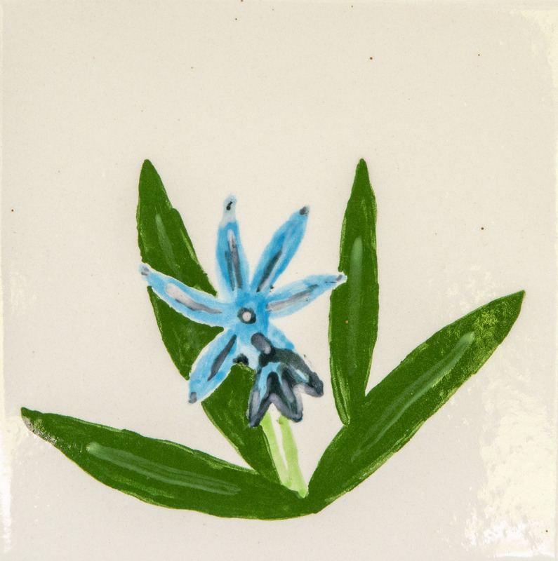 Painting of a light blue flower with a dark center, surrounded by long green leaves.