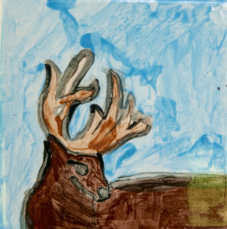Painting of a brown deer with large antlers against a blue sky background.