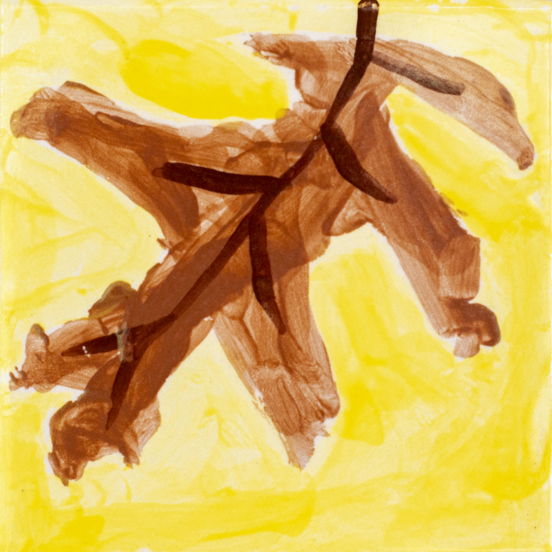 Painting of a brown oak leaf in front of a yellow background.