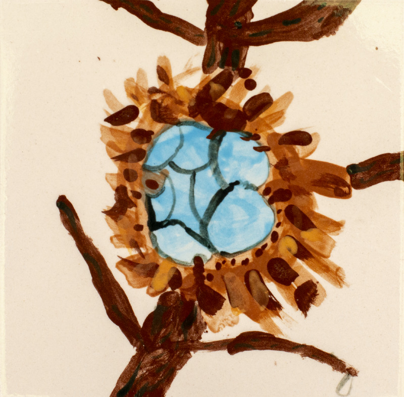 Painting of a robin's nest in a tree with teal eggs over a cream background.