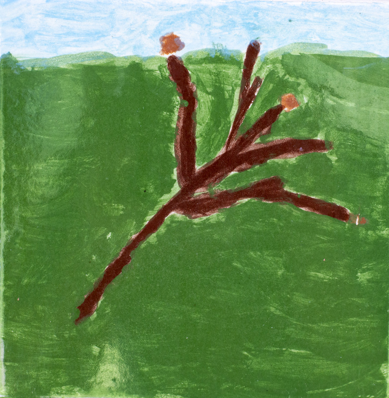 Painting of brown branch in grass.