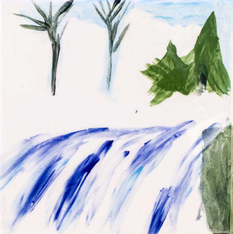 Painting of waterfall with conifer and bare trees nearby against white background.