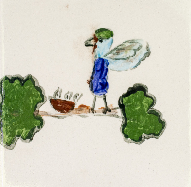Painting of a blue and green bird on a branch with its nest.