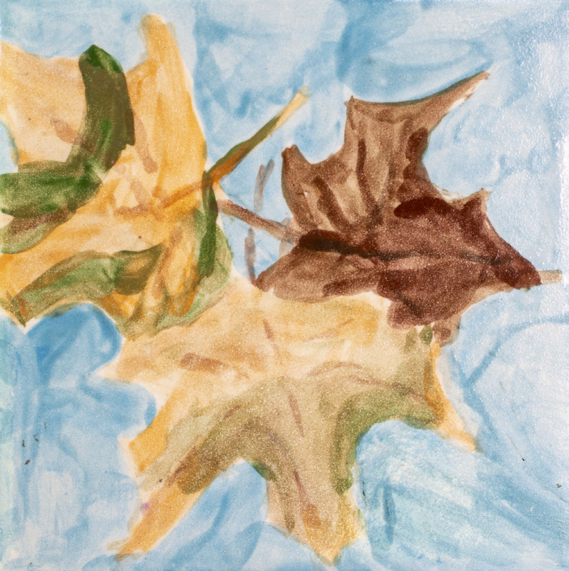 Painting of brown leaves with green details over a blue background.