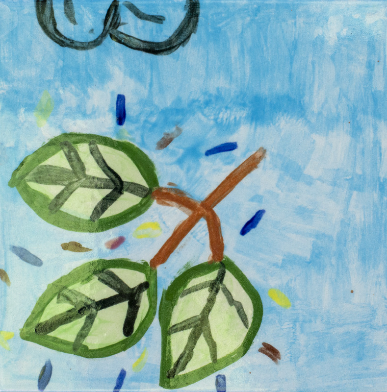 Painting of three green leaves on a branch with colorful specks around them.