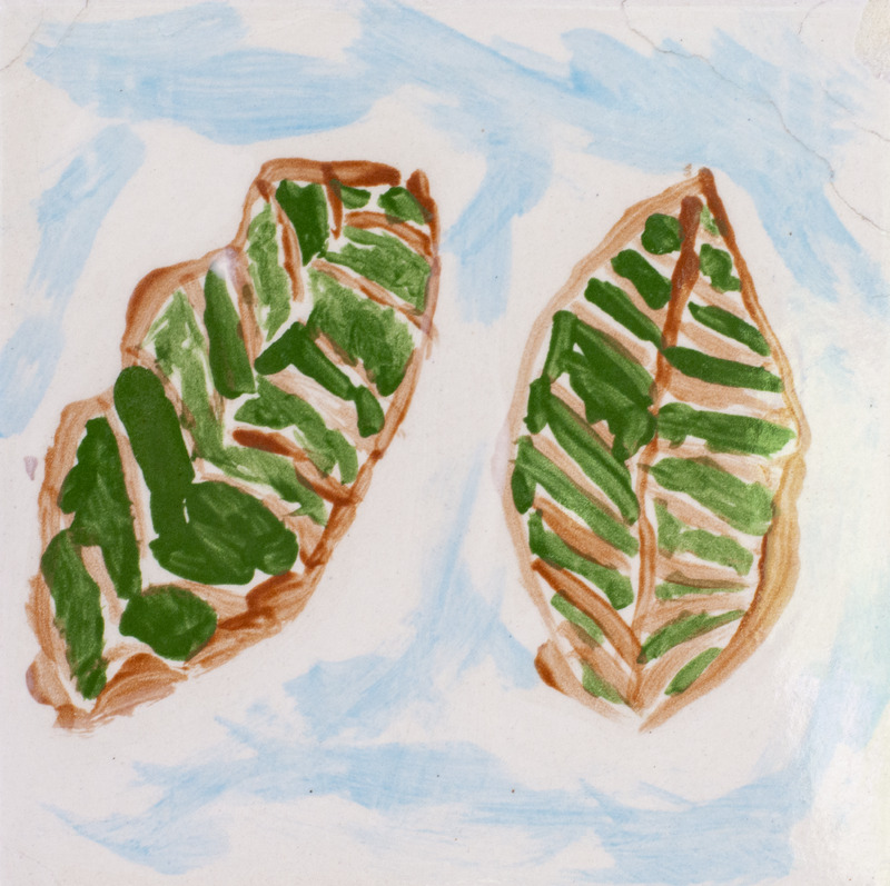 Painting of two green elm leaves with a blue and white background.