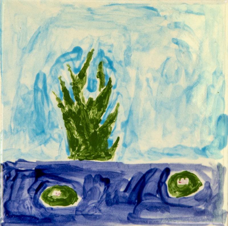 Painting of a pond scene with tall green plants rising from blue water, and two small lily pads floating near the surface.