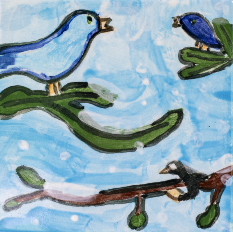 Painting of two blue birds and one small black bird on branches in front of a blue sky.