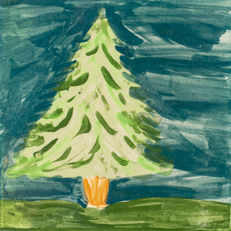 Painting of a large, green coniferous tree in front of a blue sky.