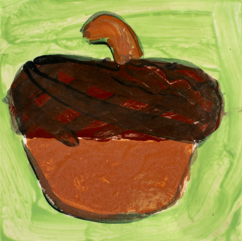 Painting of an orange acorn and a brown cap over a green background.