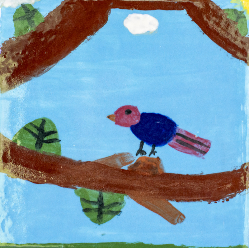Painting of a pink and blue bird in a tree in front of a blue sky.