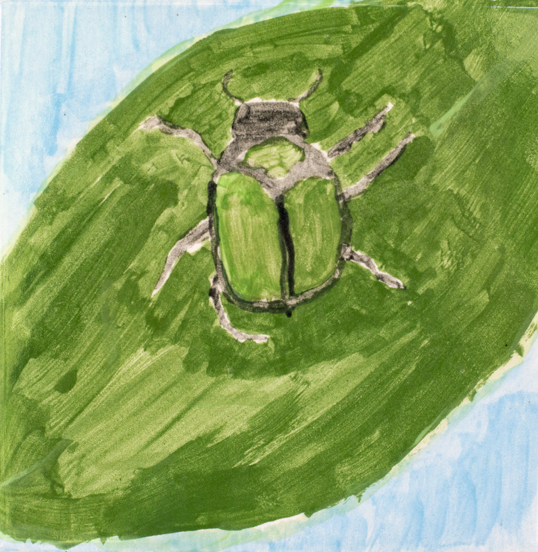 Painting of a light green beetle sitting on a green leaf with a blue sky in the background.