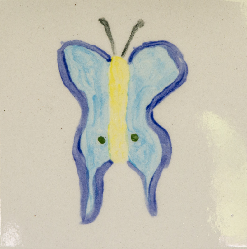 Painting of a butterfly with light blue wings, a yellow body, and two thin antennae.
