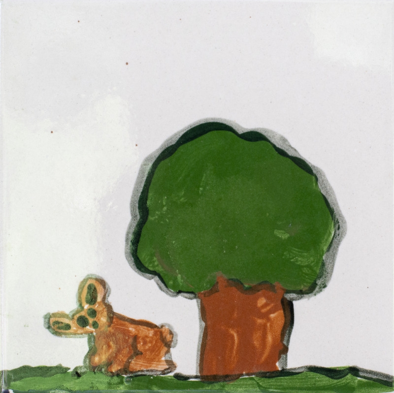 Painting of a rabbit under a green tree.