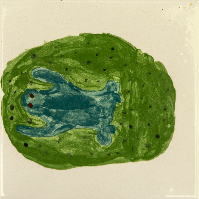 Painting of a green lily pad with dark spots, floating on water, with a blue frog resting in the center.