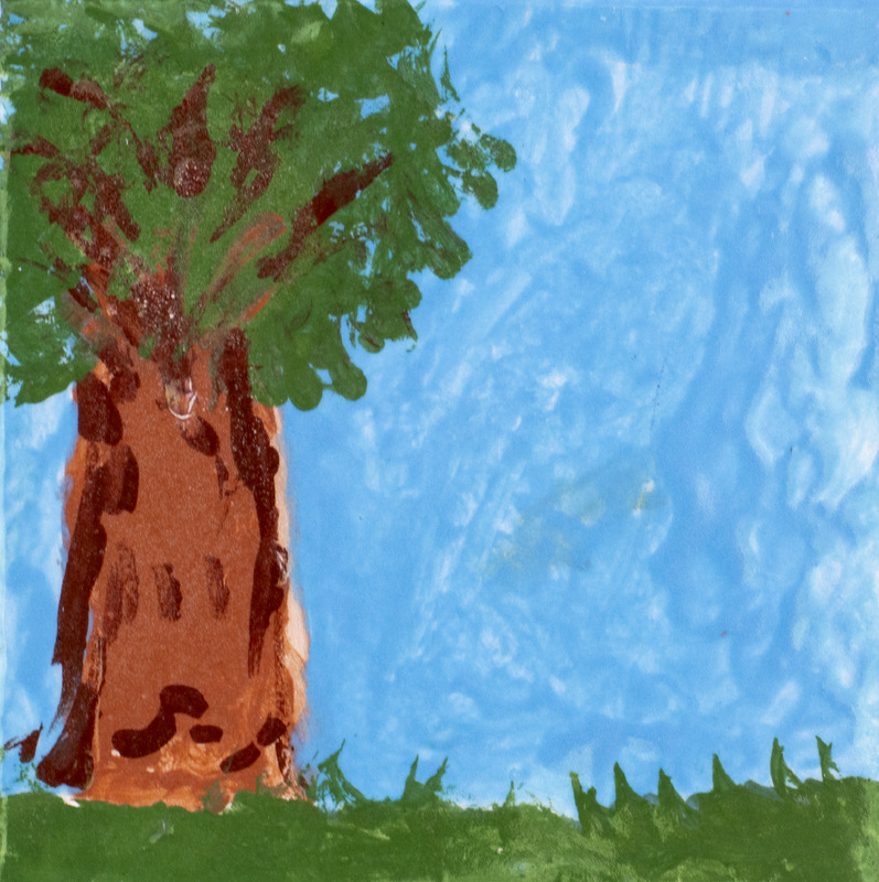 Painting of a green tree with a blue background.