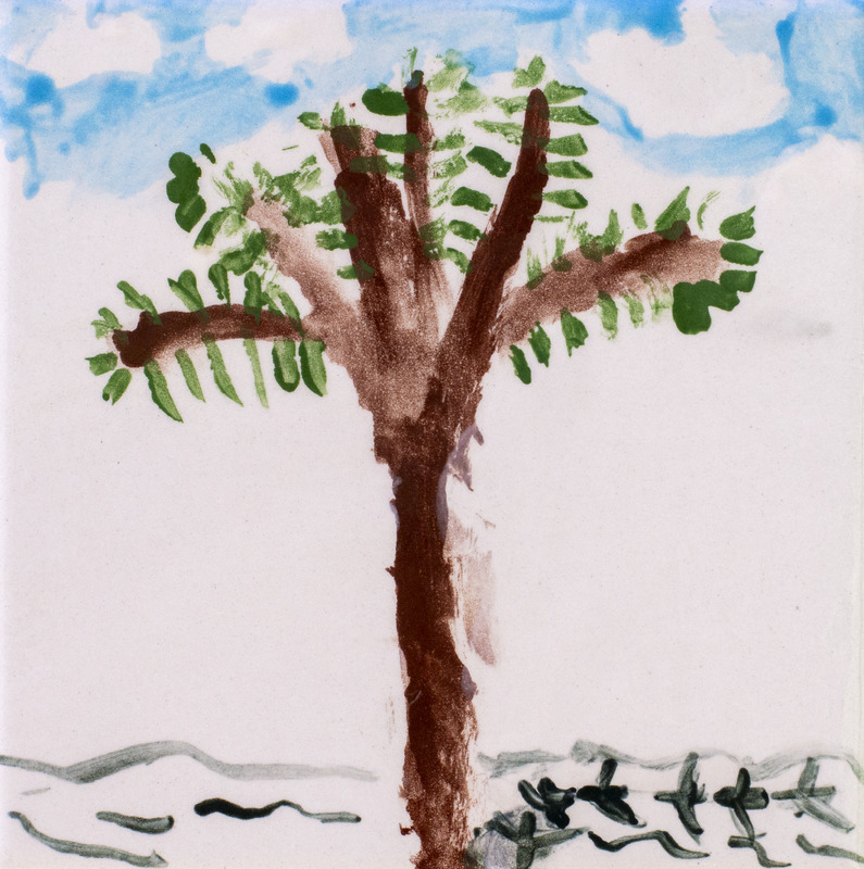 Painting of tree with small leaves against white background.